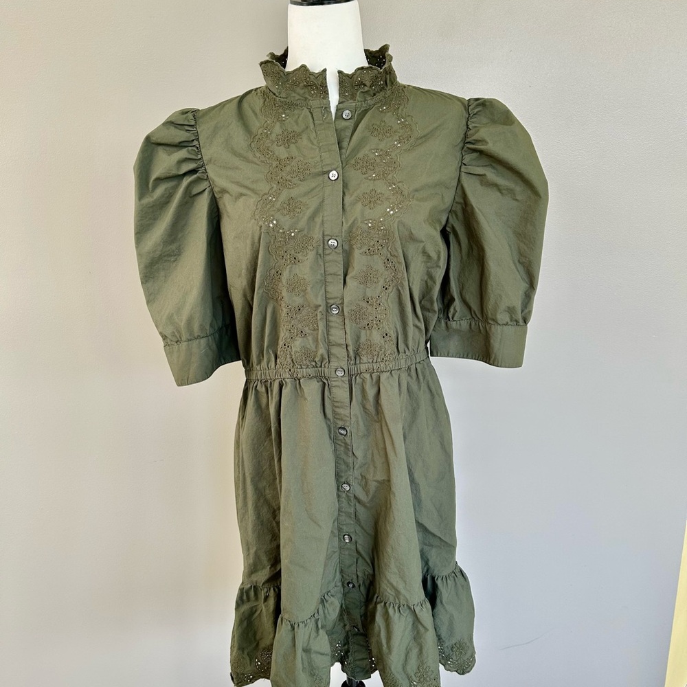 GAP Women’s Green Puff Sleeve Mini Dress with Mandarin Collar Size Large Tall